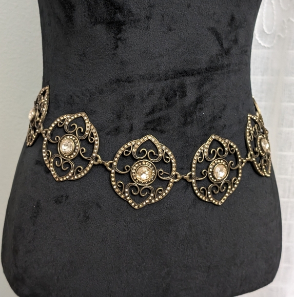 Chico's Bronze Tone, Peach Rhinestone Belt - Picture 1 of 9